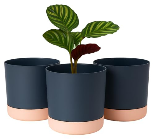 Home Garden Ornaments Plant Pots Indoor – Set of 3 Plastic Outdoor Planters with Drainage Holes and Saucer, Classy Decorative Flower Pots (13cm / 5inch – Anthracite/Pink)