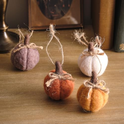 Lights4fun Set di 4 Mini Zucche Decorative in Feltro Ornamenti da Appendere Decorazioni Autunnali e di Halloween per Interni