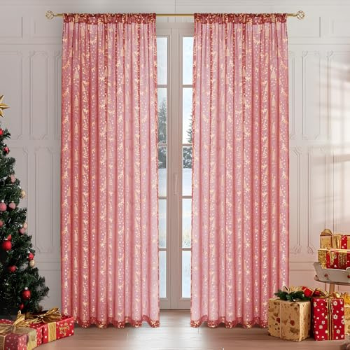 MRTREES Cortina de Navidad, color rojo, para salón, dormitorio, dorado, semitransparente, con motivos navideños, 225 cm de alto x 140 cm de ancho, juego de 2 paneles, adecuada para habitación infantil