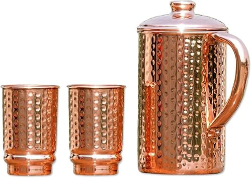Copper Pitcher and Set of 2 Tumblers for Ayurveda Health Benefit | Pure Copper Hammered Water Jug with 2 Hammered Copper Tumbler