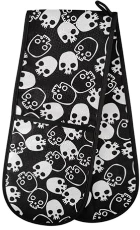 Double Oven Gloves Heat Resistant Cute Skull Double Oven Mitts Pot Holder Heat Protection Oven Gloves for Home Kitchen Baking Cooking BBQ Microwave