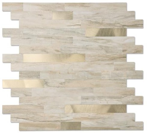 Yipscazo 10 Sheet Peel and Stick Stone Metal Tile Backsplash, Stick on Tiles for Backsplash Kitchen, Bathroom, Laundry Room, Camper, Fireplace (12'' X 12'', Beige Stone with Gold)