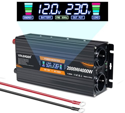 Yinleader Convertisseur 12V 220V 2000W /4000W Convertisseur de Puissance Ecran LCD 2 Prises AC pour Panneau Solaire Voiture VR