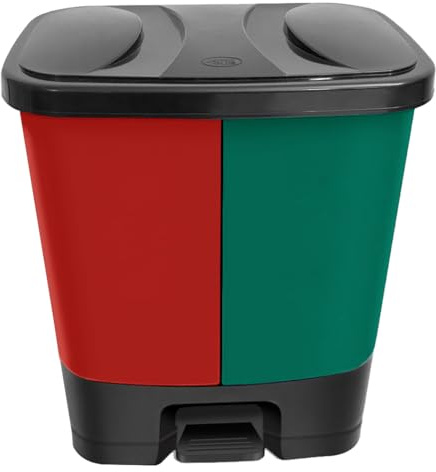 M1SS Dual Compartment Waste Bin – 2-in-1 Step-On Pedal Dustbin with 37L Capacity, TWIN BIN Rubbish Trash Can & Recycling BPA-Free, for Dry & Wet Waste for Easy Waste Disposal [Red + Green]