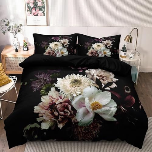 Luofanfei Blumen Bettwäsche 135x200 Schwarz Vintage Blüten Muster 3D Pflanzen Bettwäsche Set Sommer Geblümt Floral Microfaser Bettbezug Einzelbett 135 x 200 für Bettdecken und 1 Kissenbezug 80x80cm