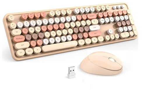 Zienstar-Pack de Teclado y Ratón Inalámbrico Español,Tecla Redondas Retro Vintage,Multicolores-Marrón