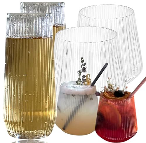 Gerippte Origami-Kunststoffgläser, geriffelt, 24 Champagnergläser ohne Stiel, 24 Champagnergläser ohne Stiel und 24 340 ml, BPA-freie, bruchsichere Einweg-Toastgläser für Hochzeiten, Bars und