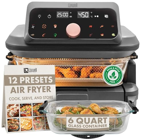 Livwell 6 Quart Glass Container Air Fryer with Pull-Out Drawer & Lid - Kitchen Gift - PFOA & PFAS-Free, 12 Presets, Dishwasher-Safe, Family-Sized One Dish Meal for Baking, Roasting & Crispy Frying