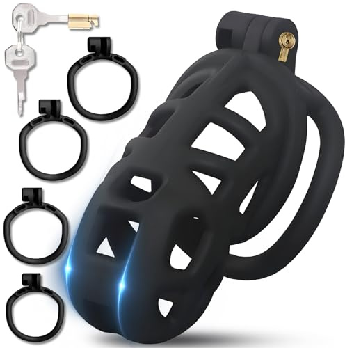 Cage de Chasteté Pénis en Résine avec 4 Anneaux de Taille Différente Sex Toys Chastity Cage avec Serrure Invisible et 2 Clés Cage Chastetée avec Contention du Pnis de l'Homme (M)