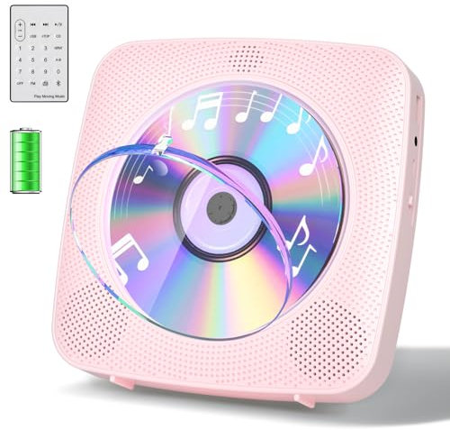 Gueray Desktop CD Player Bluetooth CD-Spieler mit Lautsprechern für Zuhause 1800mAh Tragbarer CD-Player mit AUX USB Kopfhörer Jack FM Radio mit Fernbedienung Staubschutz LCD Display für Kinder-Rosa