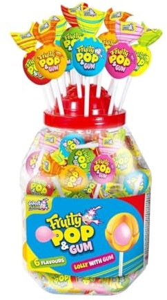 Fruity Pop Lollies mit Kaugummikern | 6 Geschmacksrichtungen | Süßigkeiten für Partys, Events & Kinder | 10er, 20er, 100er Display (20)