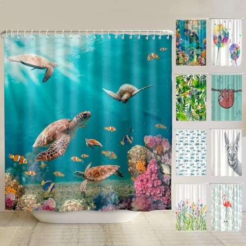 arteneur - Havsköldpaddor – anti-mögel duschdraperi 240 x 200 – återvunnen med Öko-Tex Standard 100 – viktad fåll, ogenomskinlig, vattentät, tvättbar, 16 ringar och e-bok
