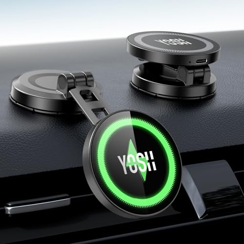 YOSH for Magsafe Car Mount Charger, 15W Wireless Car Charger for Dashboard | Rotatable Sticky Base, N55 Alloy Folding Magnetic Phone Holder for iPhone 17 16 15 14 13 12 Samsung Pixel