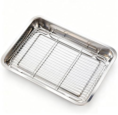Teglia Forno per Pizza Rettangolare, Vassoio da Portata Metallico con Griglia Filtrante, Teglie in Acciaio Inox 304 per Forno per Separare Cibo e Olio(60x40x2 cm/24x16x1 in)