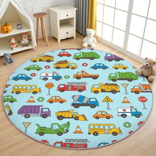 AevuCub Fahrzeuge Kinder Teppich Rund 90 cm Kurzflor - Waschbare Teppiche Wohnzimmer Jungen Auto LKW Feuerwehr - Runder Teppich 90 Durchmesser Kinderzimmer - Bettvorleger Schlafzimmer rutschfest