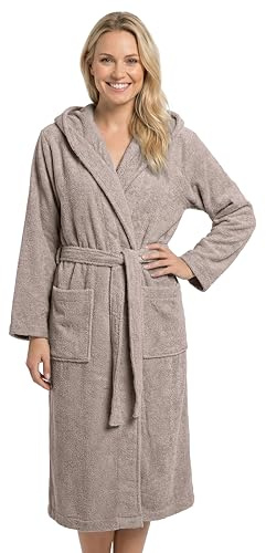 LAYNENBURG Badrock dam frotté av 100 % bomull – OEKO TEX Standard – mjuk morgonrock lång med huva, knytbälte och påsydda fickor – perfekt för bastu och hem (S-XXXL), toupe, 3XL