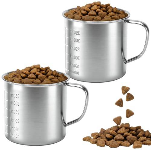 2 Pcs 1.5 Cup Dog Food Scoop, Stainless Steel Dog Food Measuring Cup | with Handle & ML Scale for Dogs Cats Rabbits Birds