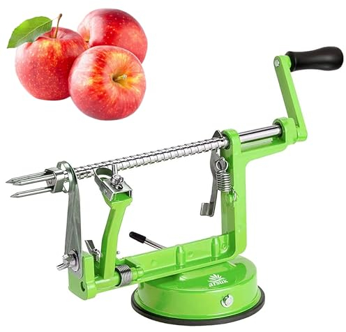 ARSUK Pelador de Manzanas 3 en 1 - Pelador Cortador Rebanador y Descorazonador Manual para Frutas y Papas - Cuerpo de Hierro Fundido, Hoja de Acero Inoxidable Ajustable, Base de Succión Antideslizante