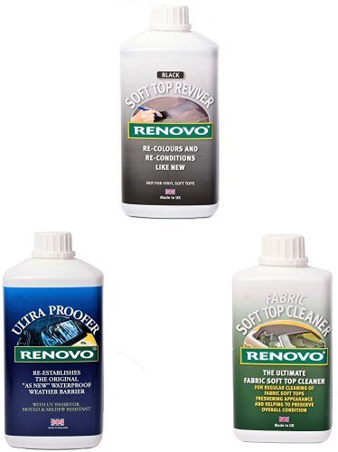 Renovo Bundle includes Soft Top Reviver 1000 ml, Soft Top Ultra Proofer 1000 ml and Soft Top Canvas Cleaner 500, Black