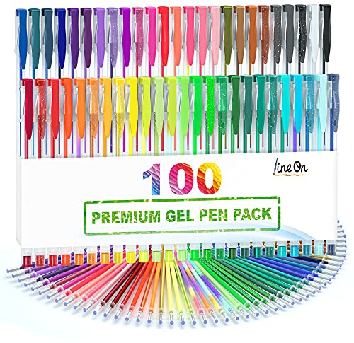Lineon 100 Pack Gel Pens Set, 50 Colours Gel Pens with 50 Refills for Adult Colouring Books Drawing Doodling Art Markers