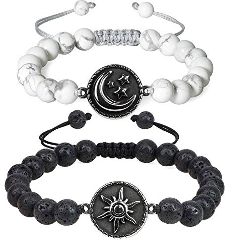 COAI Pulseras de Distancia para la Pareja de Howlita y Piedra de Lava con Adorno Sol y Luna