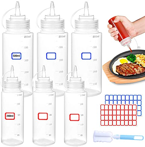 YIYICO Squeeze Flasche Dosierflasche Quetschflasche mit Kappen 240ml/500ml 6 Stück Soßen Flasche BPA Frei für Drip Cake, Backen,Ketchup, Scharfe, Olivenöl Condiment Flaschen