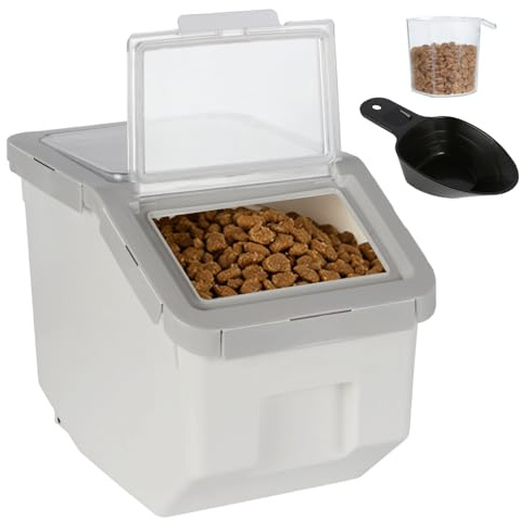 ANMOO Airtight Dog Food Storage Container 5KG, Pet Food Bin, Gray | BPA-free plastic dog food storage bin with wheels, locking lid & measuring cup for dog cat dry pet food, rice, cereal, flour
