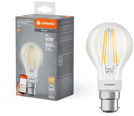 LEDVANCE Smarte LED-Lampe mit Wifi Technologie, Sockel B22d, Dimmbar, Warmweiß (2700K), Birnenform, Matt, Ersatz für herkömmliche 60W-Glühbirnen, steuerbar mit Alexa, Google & App, 1er-Pack