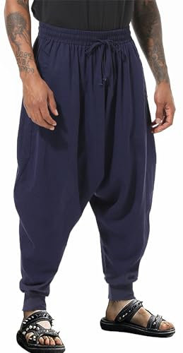PACEIADTA Mens Casual Harem Pants Baggy Aladdin Hippie Elastic Waist Drop Crotch Trousers, Blue-1, X-Large