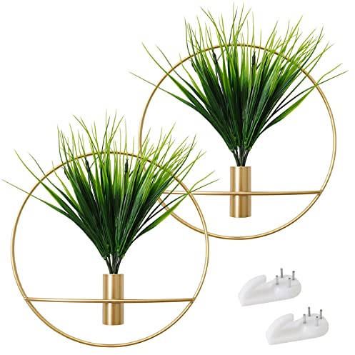 SAJANDAS Set of 2 Artificial Plants with Gold Metal Round Hanging Hoop for Wall Decor, Wall-Mounted Green Fake Plants in Metal Hoop for Modern Home Decor, Gold Wall Decor for Bedroom, Living Room