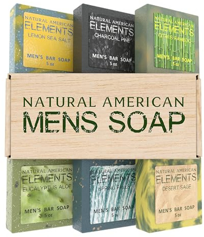 NATURAL AMERICAN ELEMENTS Mens Bar Soap - Masculine Scents, 100% Natural Soap for Men - Essential Oils, Organic Shea Butter - Made in USA, Man Body Wash - 5 oz (6pk)