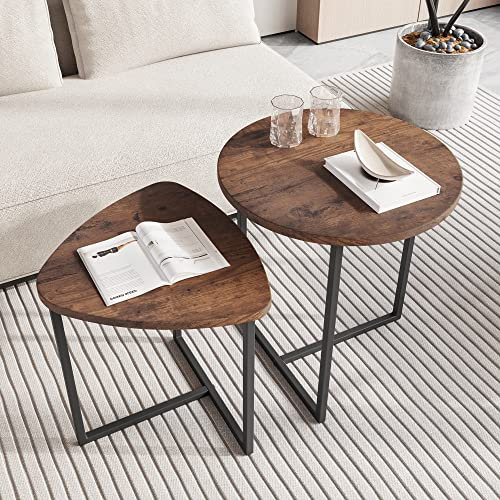 HOJINLINERO Runder Couchtisch, Set mit 2 Beistelltischen für Wohnzimmer, schwarzer kleiner Couchtisch, Wohnzimmertisch, Metallrahmen mit Holzoptik, stabil und einfach zu montieren, stapelbare