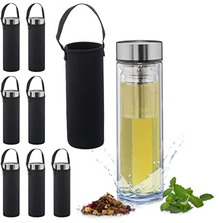 Relaxdays 8 x Teeflasche mit Sieb, 450 ml, Trinkflasche to go, isoliert, Neoprentasche, Teebereiter, Borosilikatglas, klar