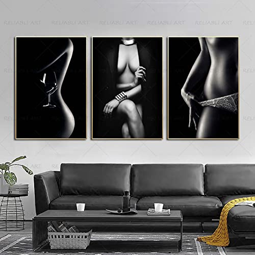 DUDLOO Sexy nackte Frau Körper Poster Gemälde Druck auf Leinwand Schwarz-Weiß-Wandkunst Bilder für Wohnzimmer Wohnkultur HD-Drucke 20 x 30 cm x 3 Rahmenlos