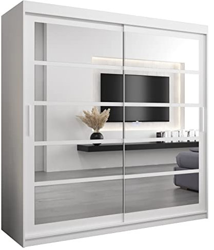 Kryspol Schwebetürenschrank Roma 2 200 cm mit Spiegel Kleiderschrank mit Kleiderstange und Einlegeboden Schlafzimmer- Wohnzimmerschrank Schiebetüren (Weiß)