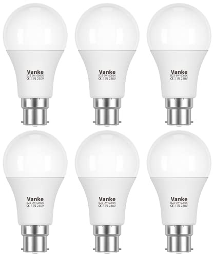 Vanke Bayonet Light Bulb 9W(60W Equivalent), Cool White 6000K, Pack of 6 | B22 A60 LED Bulbs, 806 Lumen, Save 85% Energy, BC Lightbulb, Non-Dimmable