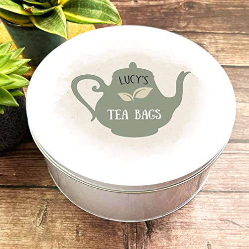 Fingerprint Designs Round Rustic Sage Green Teapot Shabby Chic Personalised Tea Bag Tin