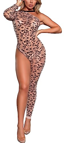 Sexy Bodystocking Body avvolgente con stampa leopardata selvaggia Una spalla Manica lunga Una gamba Calze Lingerie Tuta Un pezzo Nylon Body curvy Tuta per donna Fashion Girl Tuta Catsuit