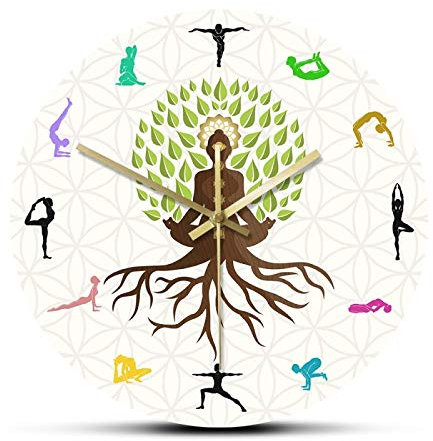 Orologi da parete, Orologio da parete Creatività moderna Studio di yoga Albero della vita Orologio da parete colorato Orologio Energia naturale per la meditazione Horloge Posa del loto Albero Muto