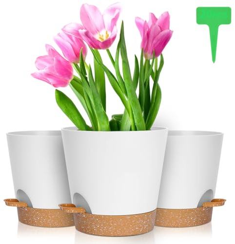OFFCUP Vasi per Piante Autoirriganti, 3pcs Vasi da Fiori in Plastica, 20cm Vasi Decorativi Interno Moderni con Sottovasi per Casa e Ufficio, Vasi da Fiori per Piante, Erbe, Rose, Geraniums Bianco