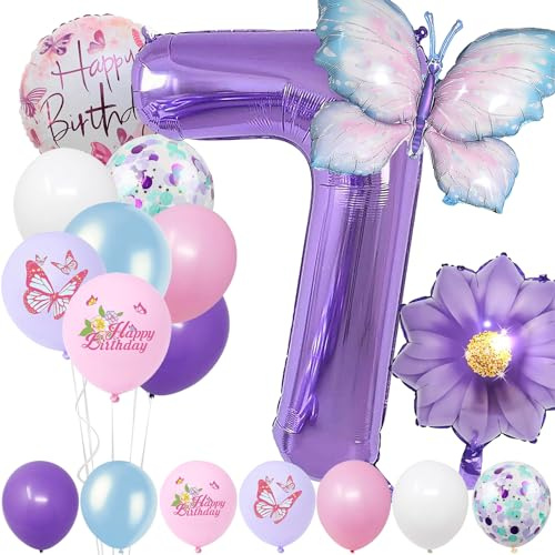 7 Jahre Set - Zahl Folienballon，22 Stück Blau Lila Geburtstagsdeko，Schmetterling Blumen Ballon，Kindergeburtstag Party Deko Zahl 7 Luftballon für Mädchen Jungen Geburtstags Festival Party Dekoration