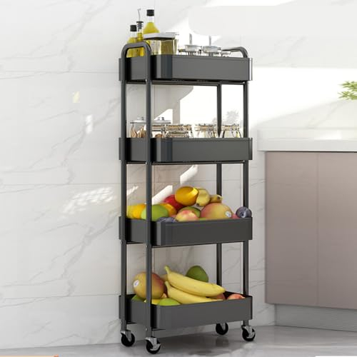 Rollwagen mit 4 Ebenen, 360° drehbare Räder, mobile Küchenregal (weiß, schwarz)