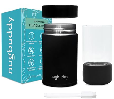 nugbuddy Mini Airtight Storage Container - Vacuum Sealed Insulated w Nested Glass Jar - UV Protection, Temperature Controlled Stainless - Whiteboard Finish w Marker Included - 100 ml