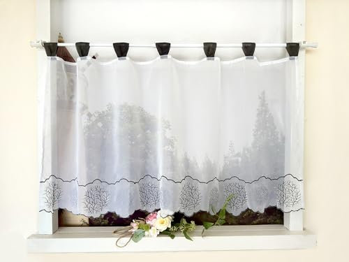 Devola Rideau brise-bise avec broderie - Rideau court avec passants - Style maison de campagne - Rideau prêt à l'emploi - Pour bistrot, salon - 45 x 90 cm - Gris - 1 pièce