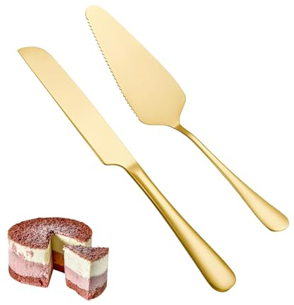 ChAusa 2 Stück Hochzeits Tortenmesser und Server Set, Edelstahl Tortenschneider, Edelstahl Kuchenheber, Tortenmesser Hochzeit, Kuchenheber Hochzeit, für Hochzeit, Geburtstag, Partys (Gold)
