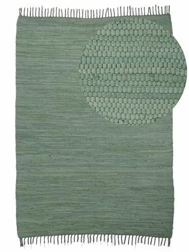 carpetfine Flickenteppich Kelim Chindi Uni Grün 120x170 cm, handgewebt | Fleckerlteppich aus Baumwolle für Wohnzimmermit Fransen