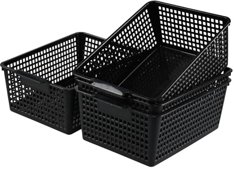 Waikhomes Large Rectangular Storage Baskets, Plastic Cupboard Basket Boxes Bin, Set of 4 (Black)