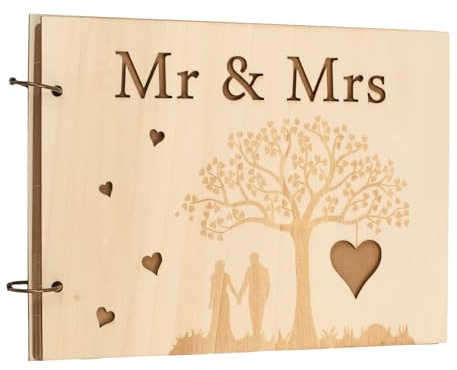 LOOPES Mr&Mrs Wooden Wedding Guest Book-40 pcs Blank Paper Cards Memory Signature Guestbook for Wedding Reception,Anniversary,Birthday Party