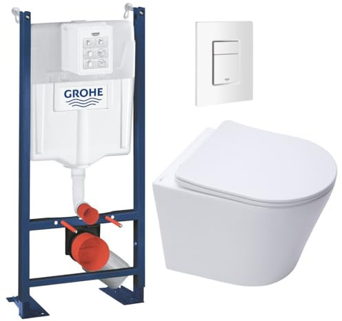 Hänge Spülkasten Wc Anschluss Set - Selbsttragender Rahmen, WC ohne SAT-Rand, Fallbremssitz, Platte in Alpinweiß, Kloschüssel, Toiletten - Vorwandelement Komplettset, für Gäste