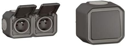LEGRAND - Prise Etanche Double IP55 avec Terre Plexo - Prise 2P+T 16A Complète avec Volet & Interrupteur Mural Etanche Simple ou Va-et-vient 10A Plexo - Anthracite